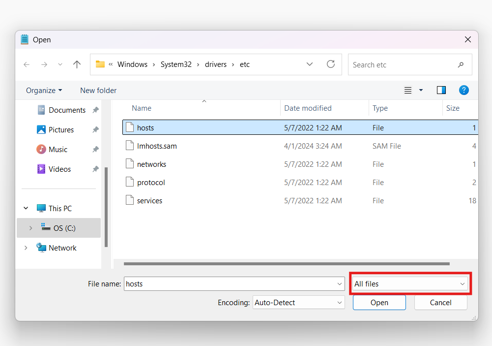 Opening the hosts file in Notepad